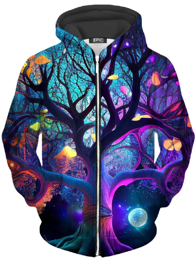 Hoodie mit Reißverschluss & farbigem Baum-Print, bunt