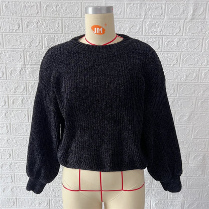 Gerippter Pullover Damen Weicher Rundhals Strickpullover Lange Ärmel
