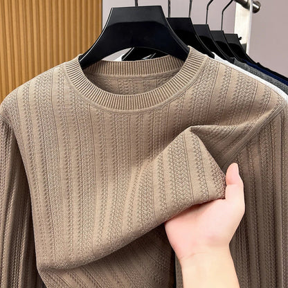 Maglione da uomo in maglia a girocollo, maniche lunghe, a coste fini strutturate, grigio