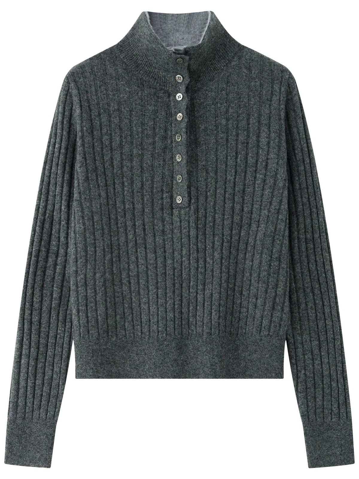 Damen Poloshirt-Pullover Grau Gerippt Langarm Knopfleiste