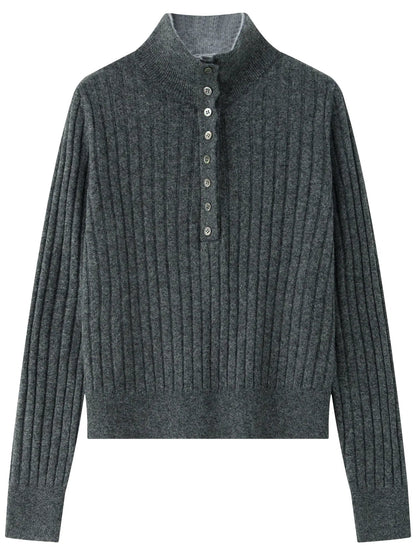 Damen Poloshirt-Pullover Grau Gerippt Langarm Knopfleiste