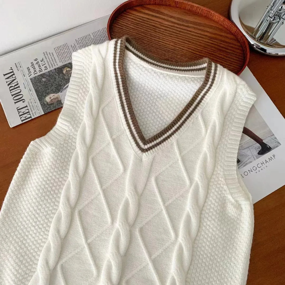 Strickpullunder Damen V-Ausschnitt Zopfmuster College-Stil