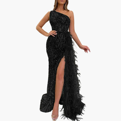 Vestido de noche para mujer de un solo hombro con lentejuelas y plumas – Vestido de fiesta elegante para ocasiones especiales