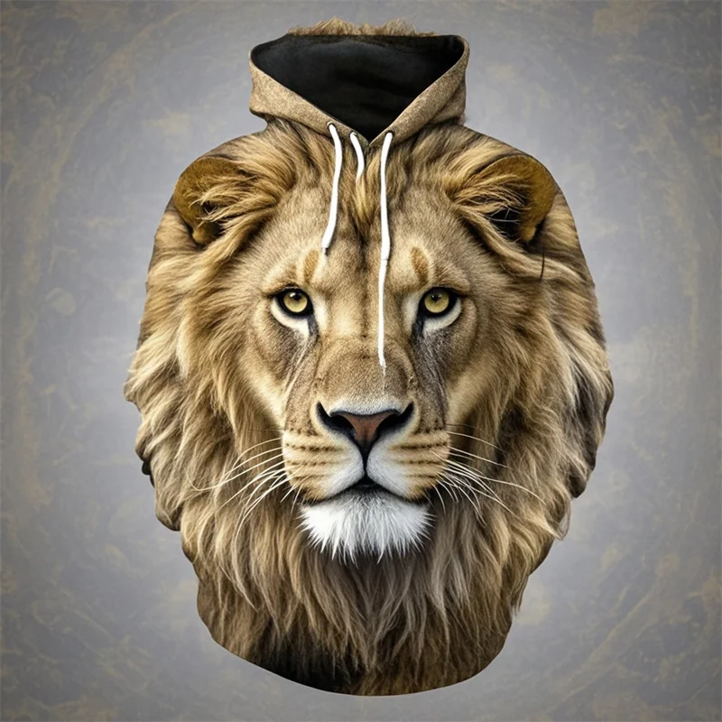 Felpa con cappuccio con stampa di testa di leone, design con motivo animale unisex