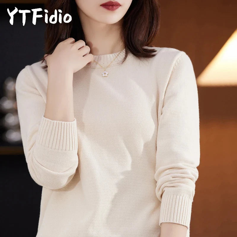 Damen Pullover Rundhals Langarm Strickpullover Rippbündchen Unifarben