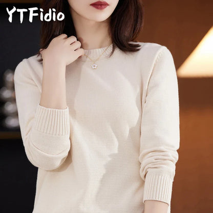 Damen Pullover Rundhals Langarm Strickpullover Rippbündchen Unifarben