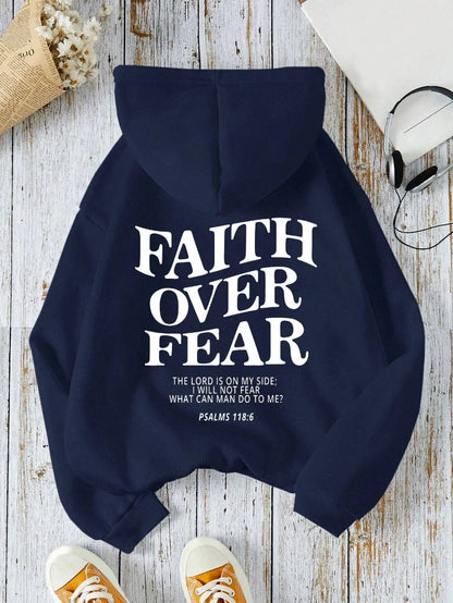 Hættetrøje med teksten "Faith Over Fear" til damer