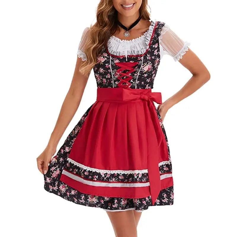 39BB ølkostyme, dirndl, kjole, bluse, forkle, tysk bayersk Oktoberfest-kostymesett