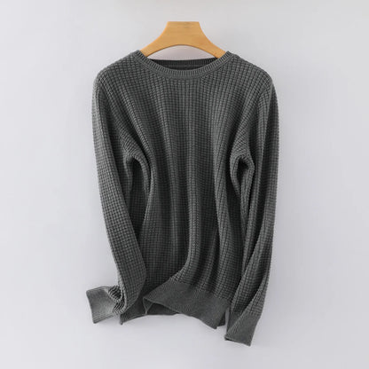 Unisex Langarm Pullover Rundhalsausschnitt Waffelstruktur Strickpullover