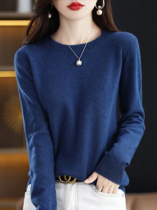 Pull uni pour femme à col rond et manches longues, en tricot
