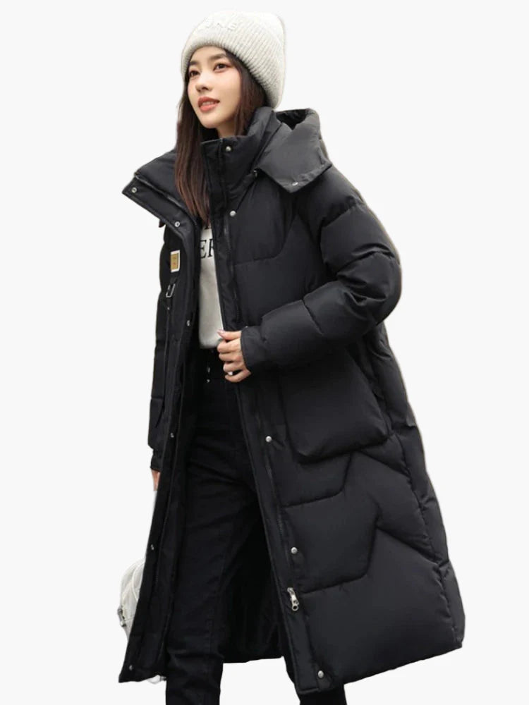 Cappotto imbottito invernale da donna con cappuccio – lungo, caldo, puffer per tutti i giorni e outdoor