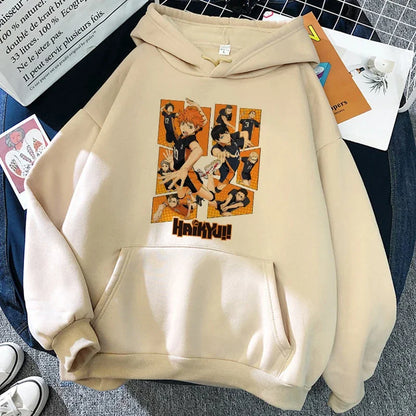 Felpa unisex con cappuccio e stampa anime - beige chiaro "Karasuno Volleyball Club"