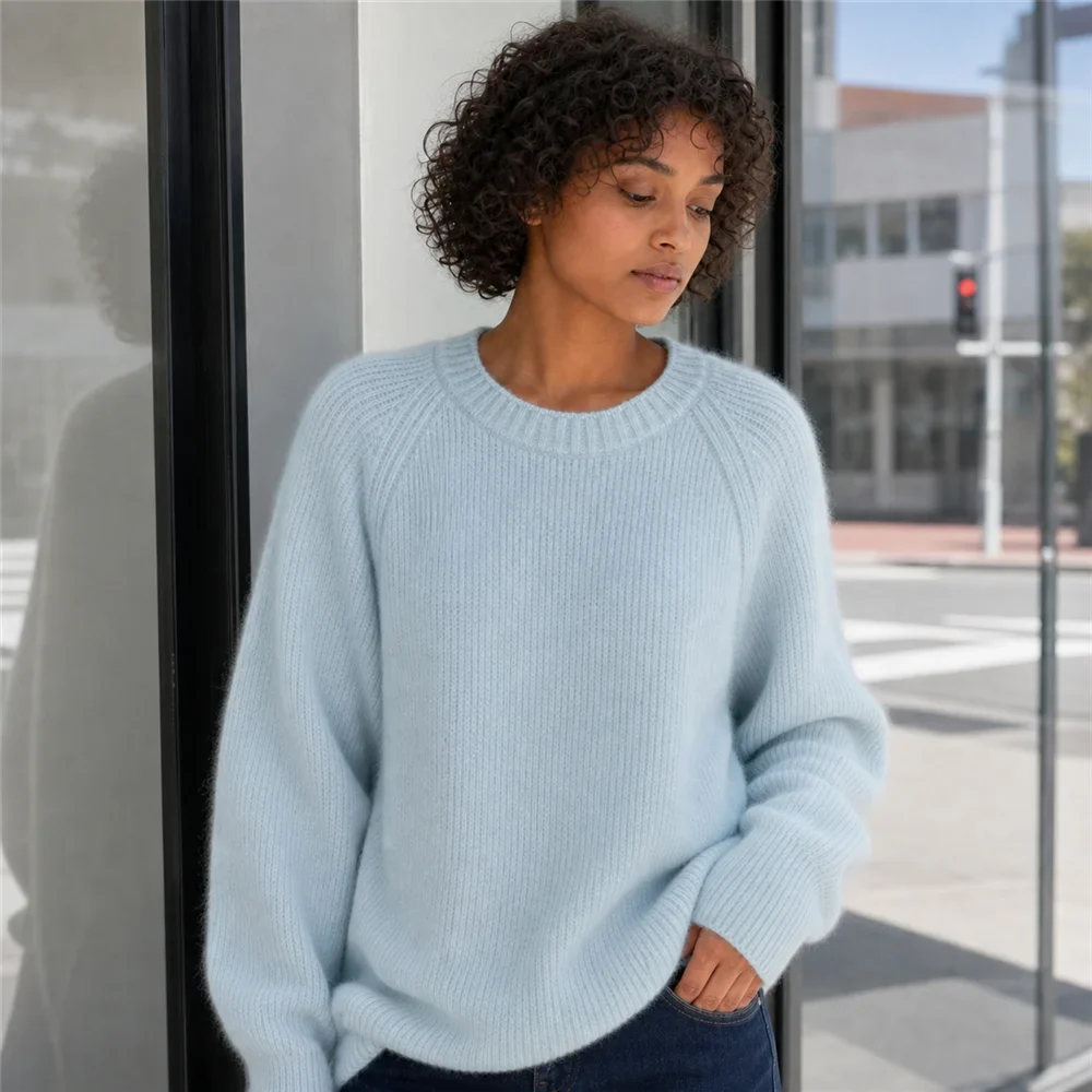 Maglione da donna a girocollo, maniche lunghe, in maglia a coste, giallo