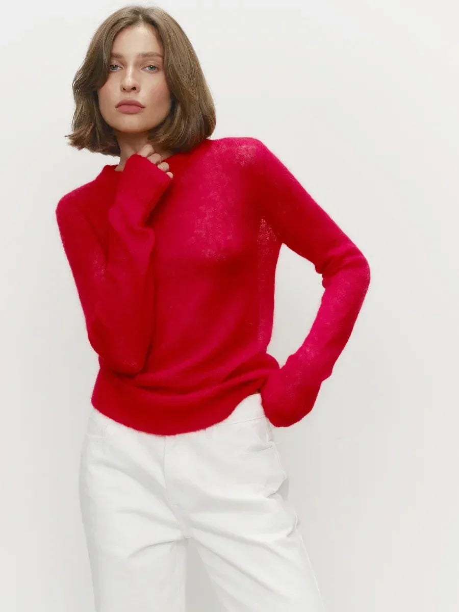 Pull transparent pour femme, col rond, manches longues, en maille