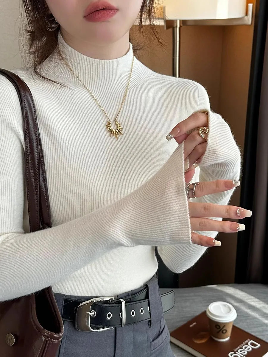 Damen Rollkragenpullover mit Daumenloch Rippstrick Enganliegend