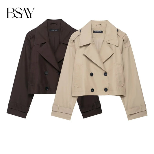 Kurze Trenchjacke Damen Zweireihig Khaki Braun Cropped