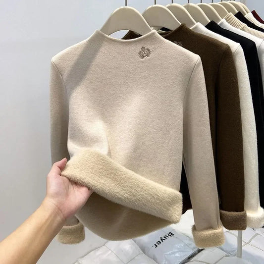 Damen Half-Rollkragen Pullover mit Plüschfutter Langarm