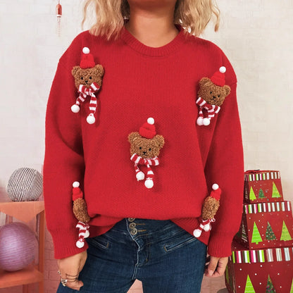Weihnachtspullover mit Teddybär-Applikationen Rot Rundhalsausschnitt Damen