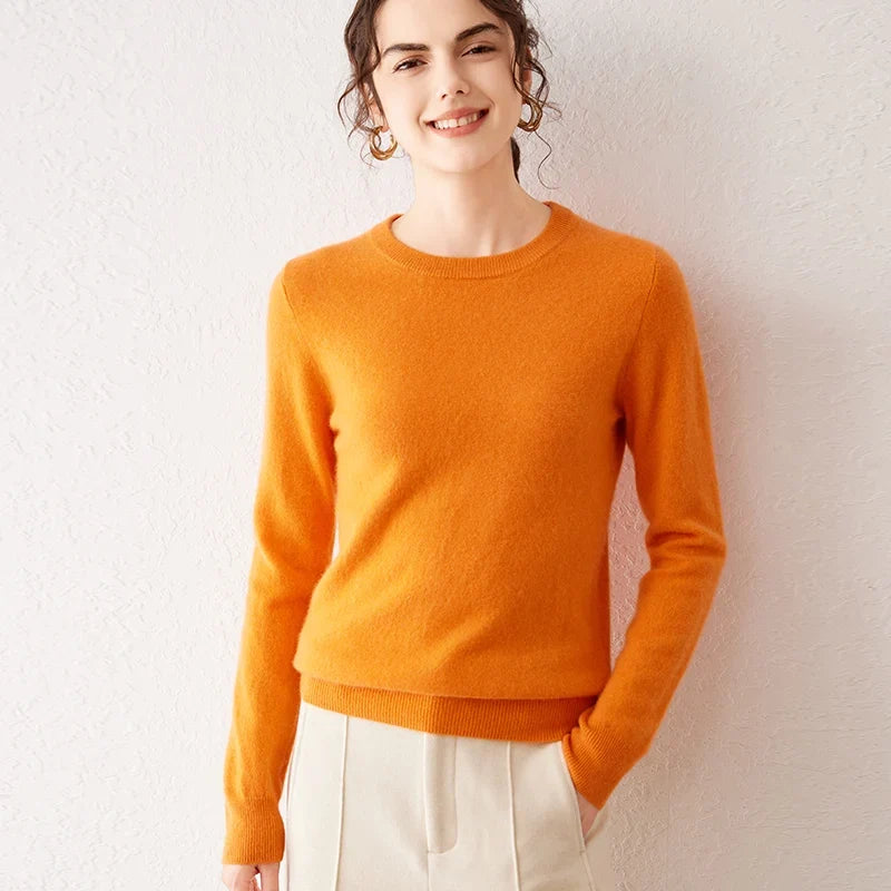 Pull femme à col rond et manches longues, maille fine, basique