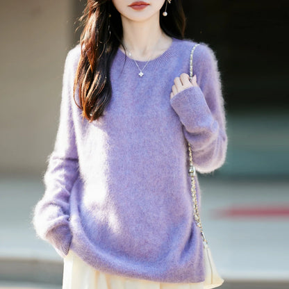 Pullover da donna in maglia, a girocollo, a maniche lunghe, morbido