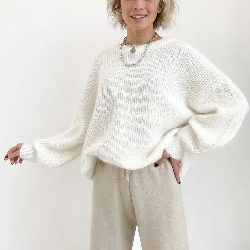 Damen Oversize Strickpullover Rundhals Rippstrick