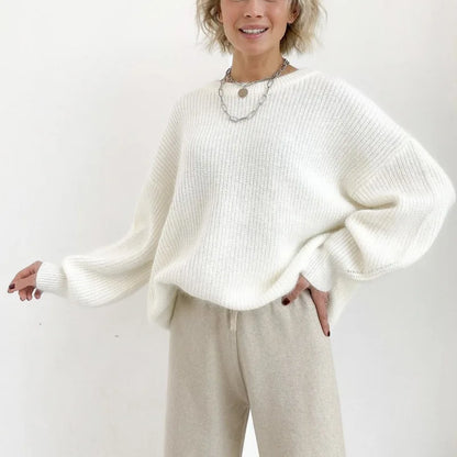 Damen Oversize Strickpullover Rundhals Rippstrick