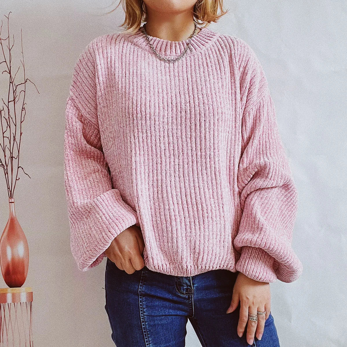 Gerippter Pullover Damen Weicher Rundhals Strickpullover Lange Ärmel