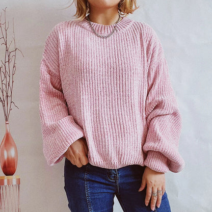 Gerippter Pullover Damen Weicher Rundhals Strickpullover Lange Ärmel