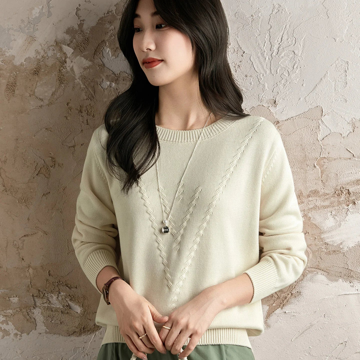 Damen Strickpullover Rundhals mit V-Muster Langarm