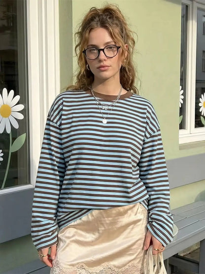 Haut rayé à manches longues pour femmes, col rond, crop top