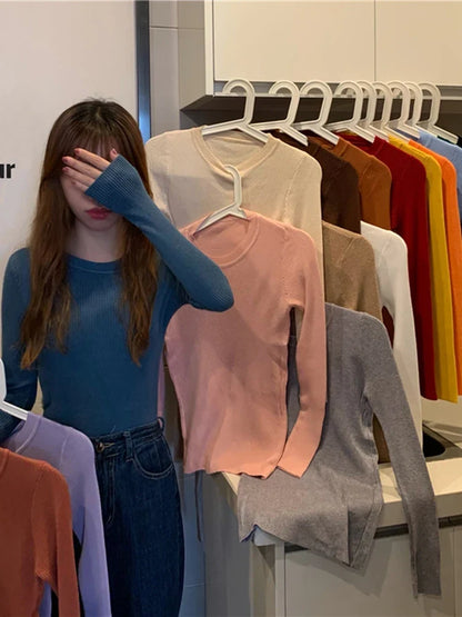 Pullover a maniche lunghe da donna, a coste, girocollo, top in vari colori