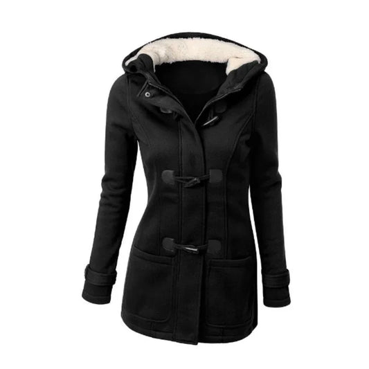 Damen Dufflecoat mit Kapuze und Knebelverschluss in Schwarz