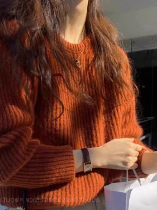 Damen Grobstrick Pullover Rundhalsausschnitt Rostbraun