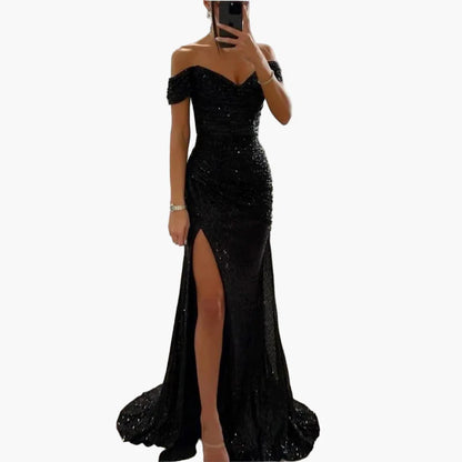 Vestido de noche elegante para mujer off-shoulder con abertura alta – Perfecto para ocasiones festivas y galas