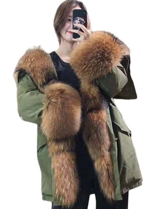 Veste d’hiver pour femme vert olive avec bordure en fausse fourrure marron