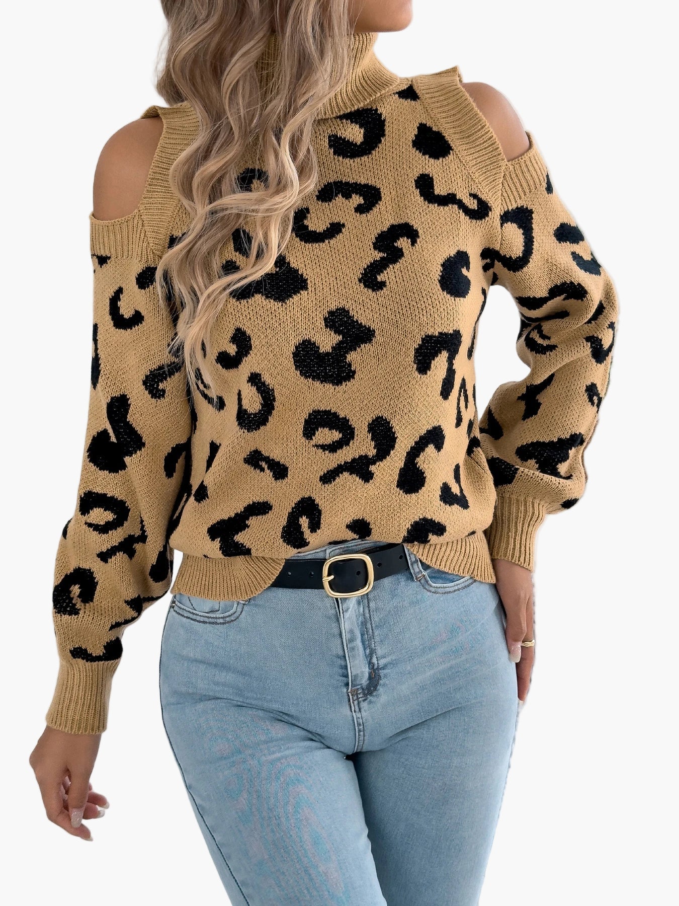 Dames Trui met cut-out schouders en luipaardprint – Trendy vrijetijdsgebreide trui
