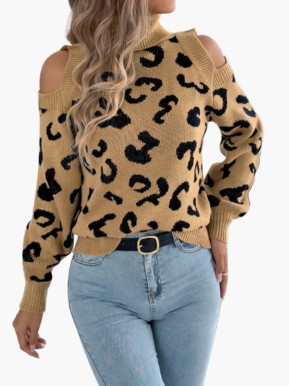 Dames Trui met cut-out schouders en luipaardprint – Trendy vrijetijdsgebreide trui