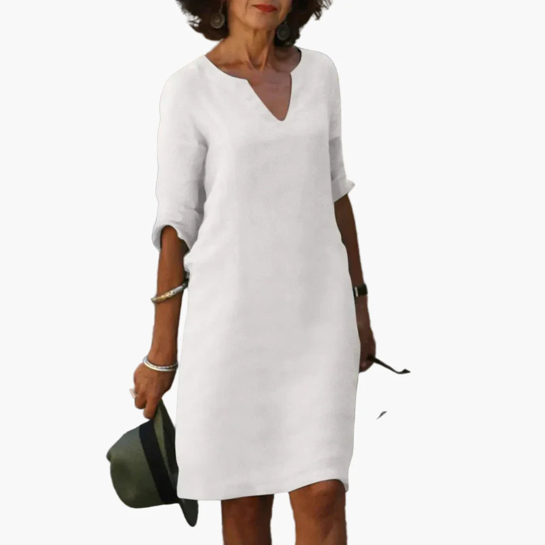 Abito da donna con scollo a V e maniche 3/4 – Abito casual e quotidiano senza tempo, elegante
