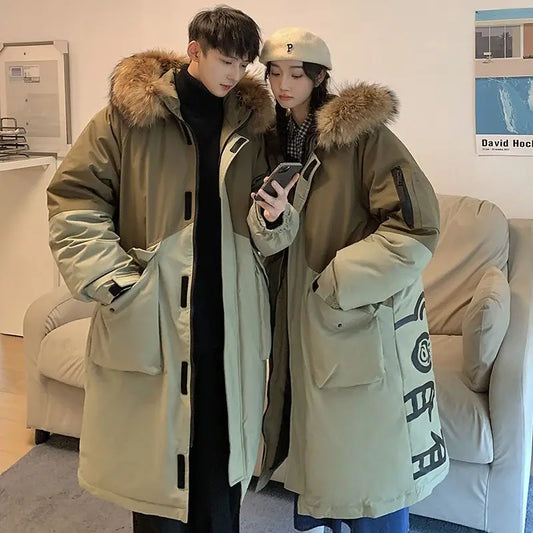 Unisex Winterparka Lang Warmer Zweifarbiger Mantel mit Fellkapuze