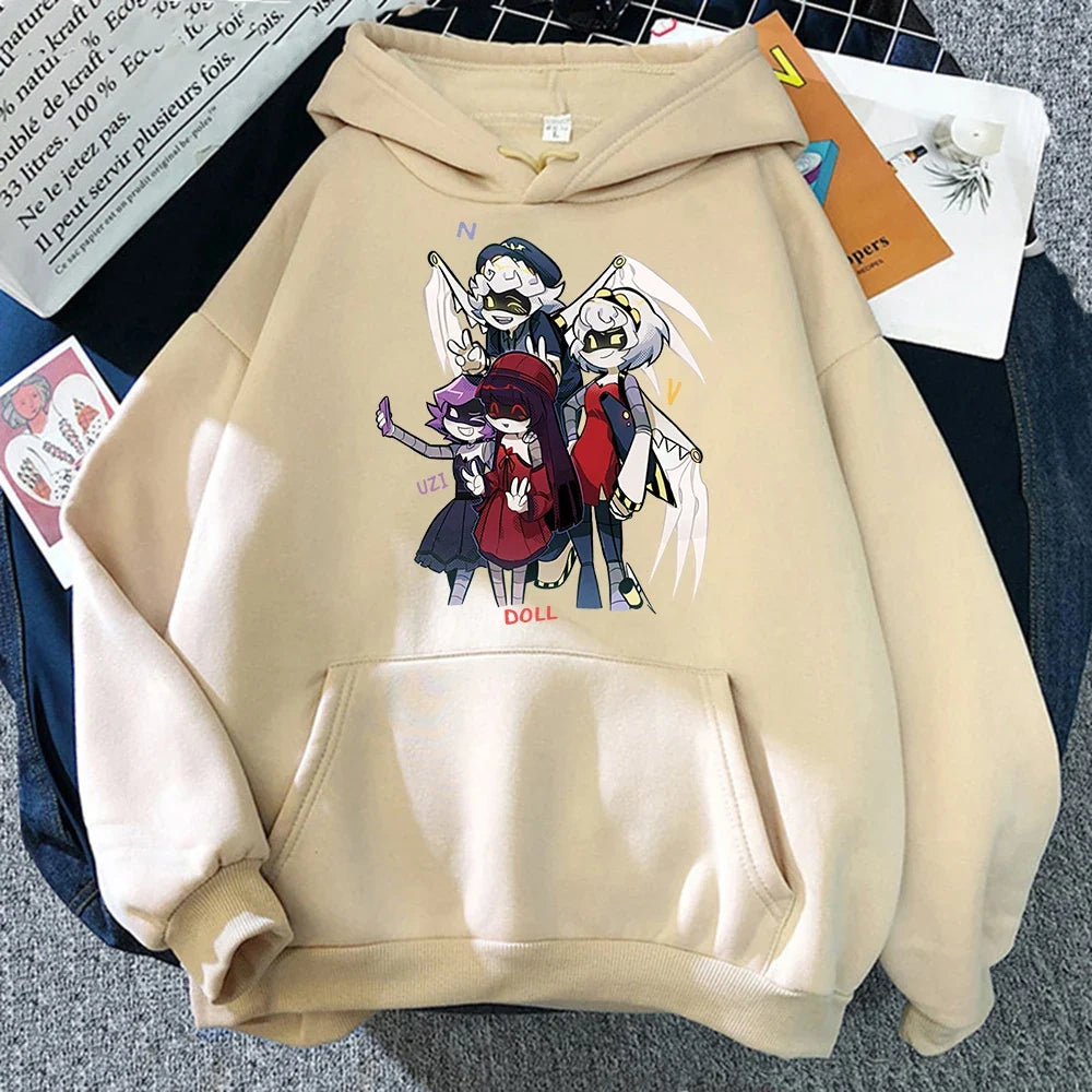 Sudadera unisex con capucha, estampado de personajes y bolsillo canguro