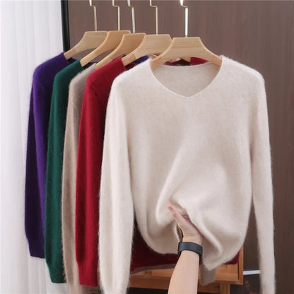 Jersey de cuello en V para mujer, suave, texturizado y de color liso
