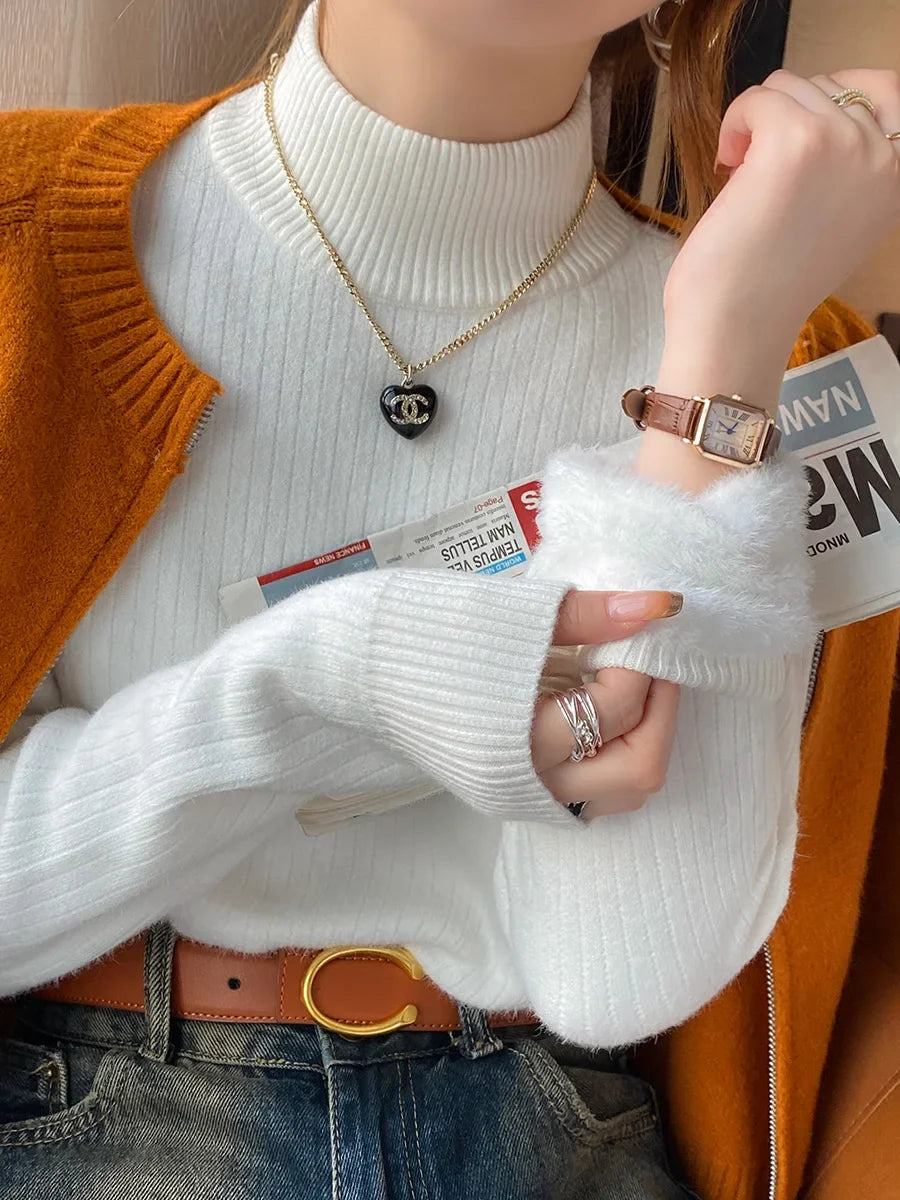 Damen Rollkragenpullover Gerippt mit Plüschärmeln Beige