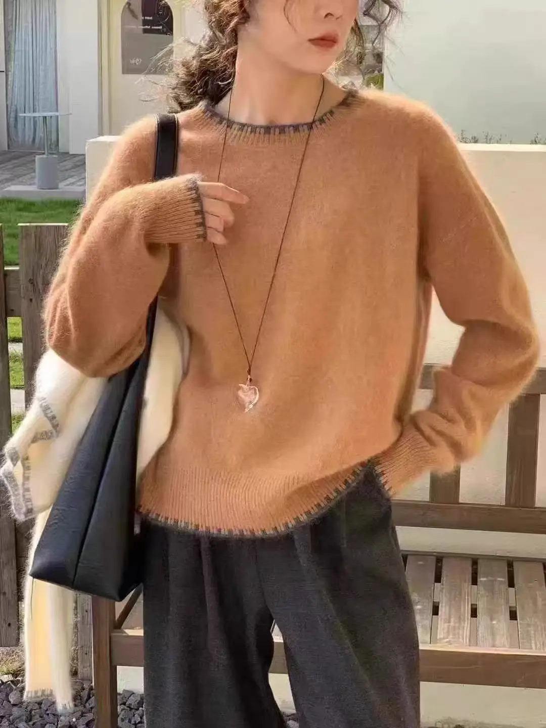 Damen Rundhals Pullover, locker geschnitten, Langarm, meliert