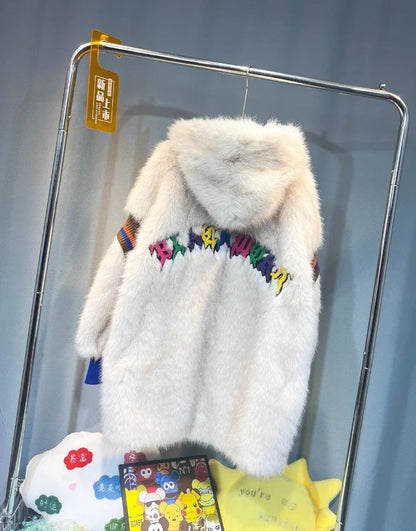 Unisex-vinterjakke med hætte, beige plys i teddystil med blå detaljer
