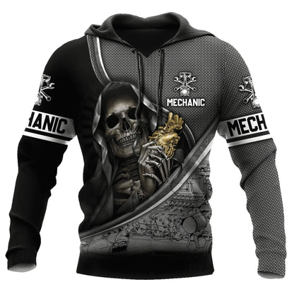 Herren Kapuzenpullover Mechanic Maschinenmotiv Hoodie Schwarz Grau