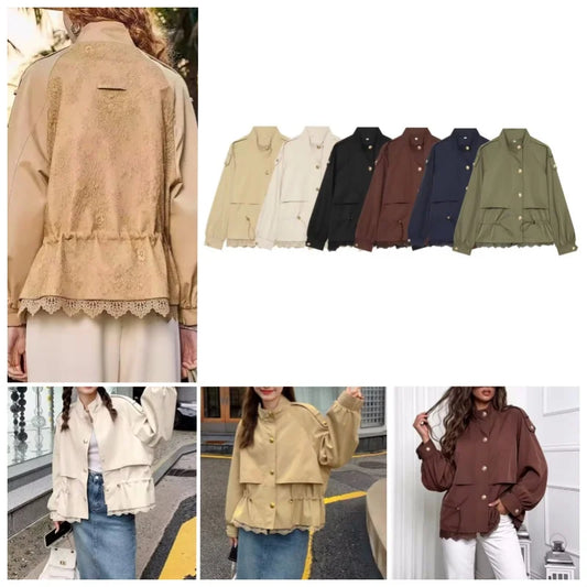 Damen Jacke mit Stehkragen, Schnürzug und Spitzenbesatz