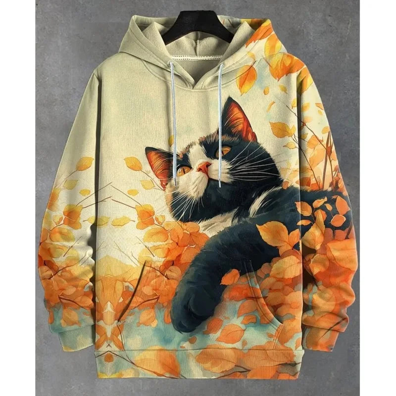 Unisex Kapuzenpullover mit Katzen-Motiv Print Kängurutasche