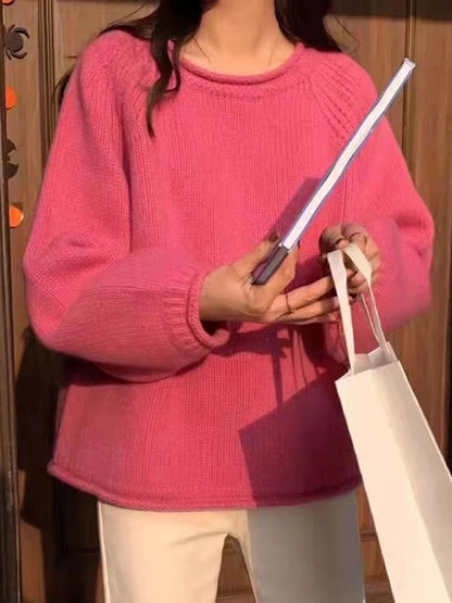 Pullover oversize da donna in maglia, a girocollo, a maniche lunghe