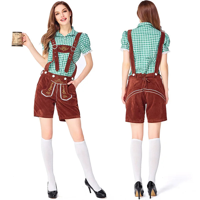 Costume da donna in stile dirndl con camicetta a quadri e pantaloncini con bretelle, vari colori