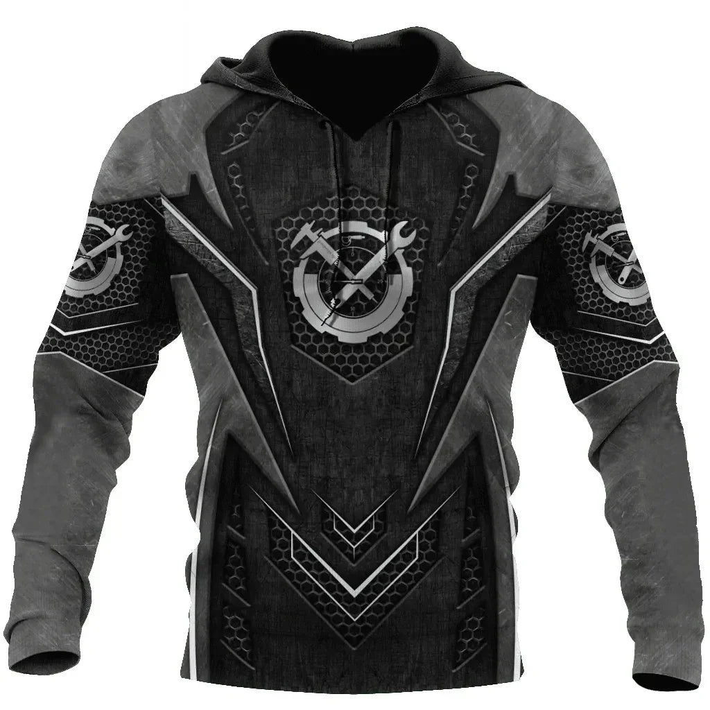 Herren Kapuzenpullover Mechanic Maschinenmotiv Hoodie Schwarz Grau